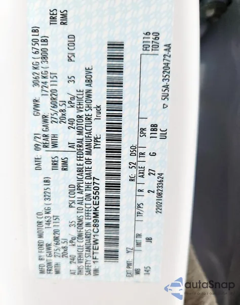 2021 Ford F150 Supercrew z USA, uszkodzony, nr VIN 1FTEW1C89MKE55077